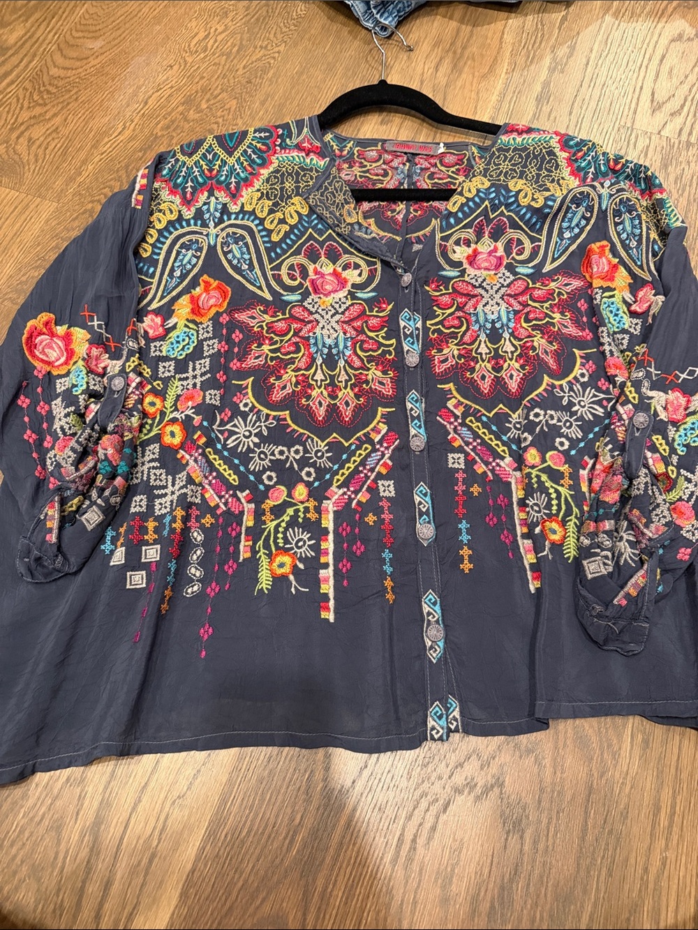 Johnny Was Navy Tunic with Multicolor Embroidery